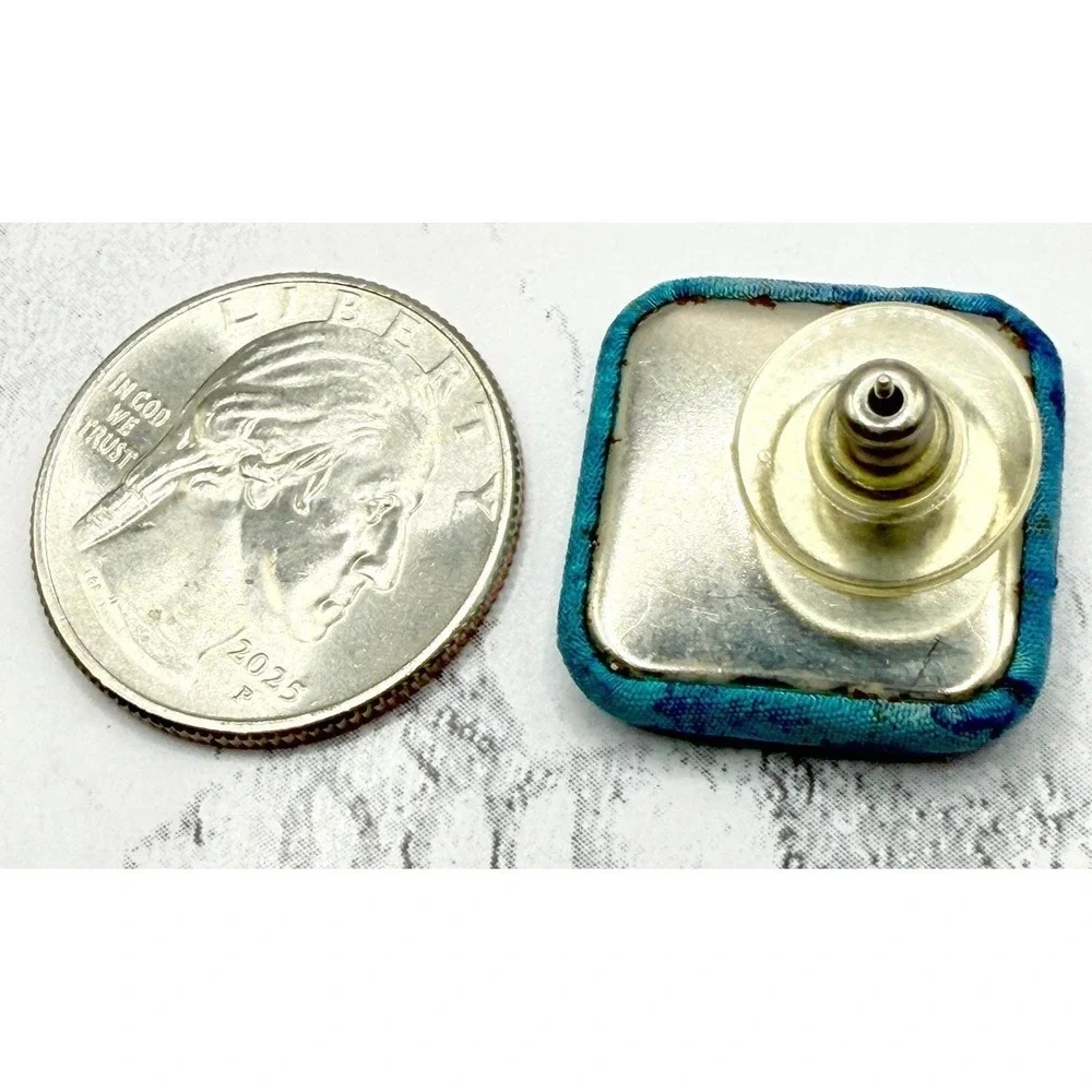 Blue Fabric Statement Stud Earrings‎ Square Textile Boho 1